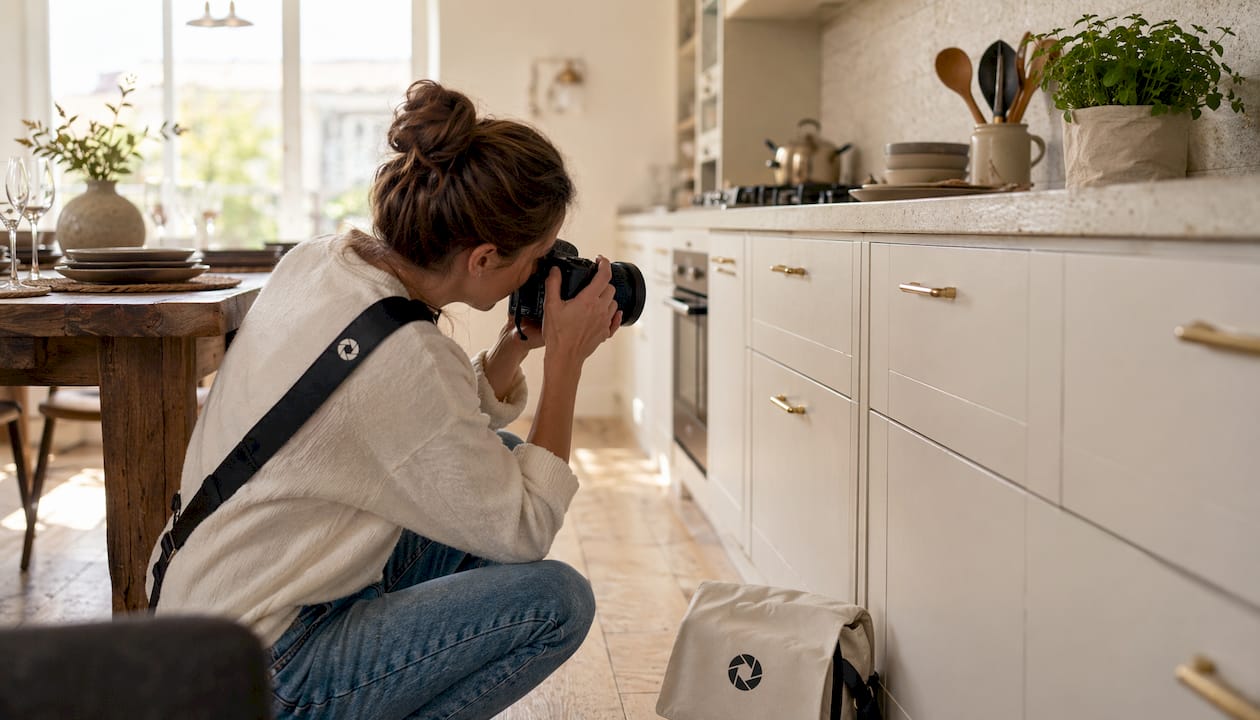 Photographer taking wide shot in rental kitchen