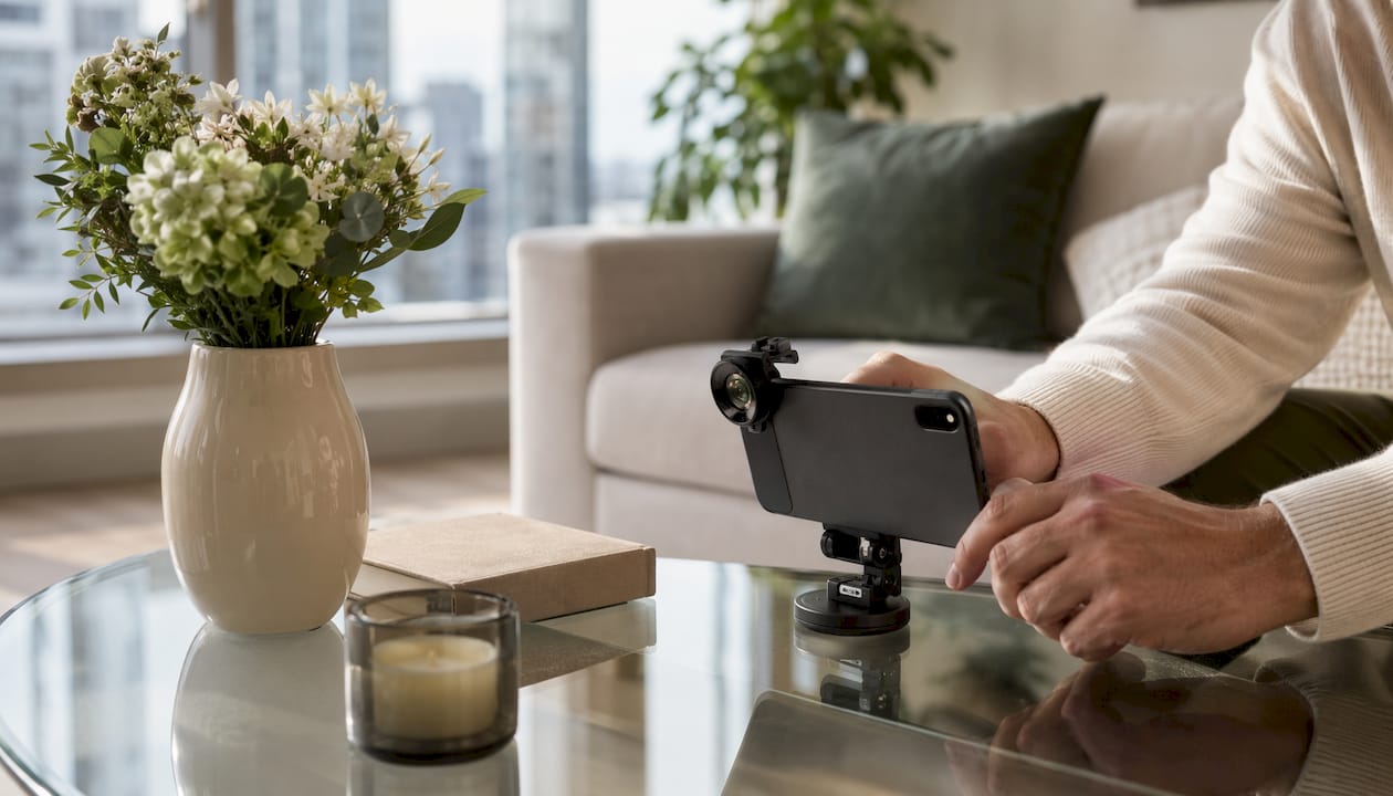 Hands holding smartphone on tripod indoors