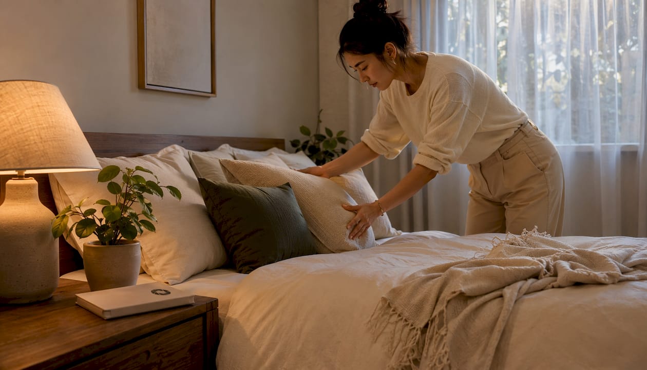 Woman staging short-term rental bedroom