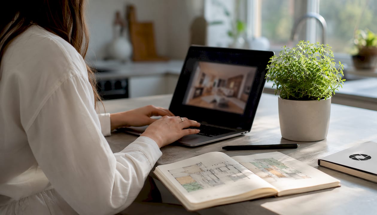 Hands editing virtual staging images with graphic tablet
