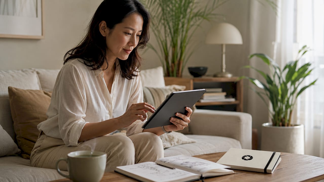 Woman reviewing photos for AI enhancement at desk