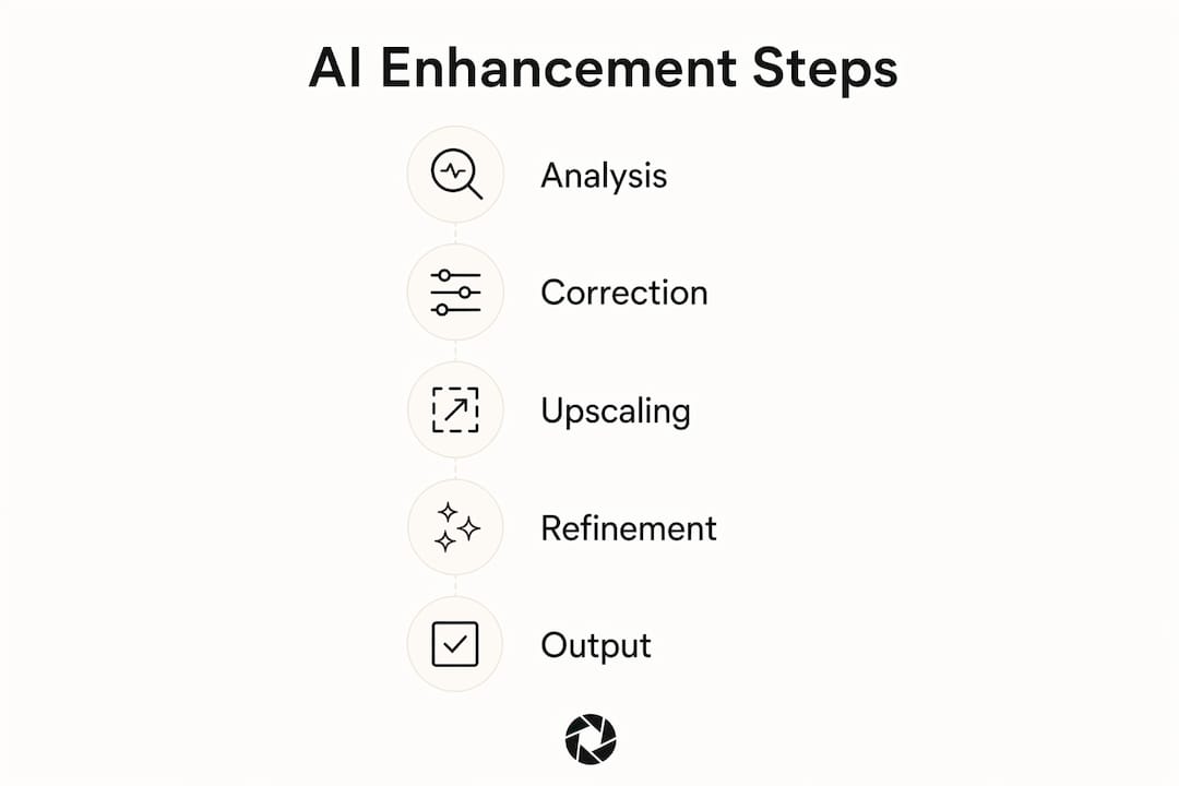Infographic showing AI photo enhancement workflow steps
