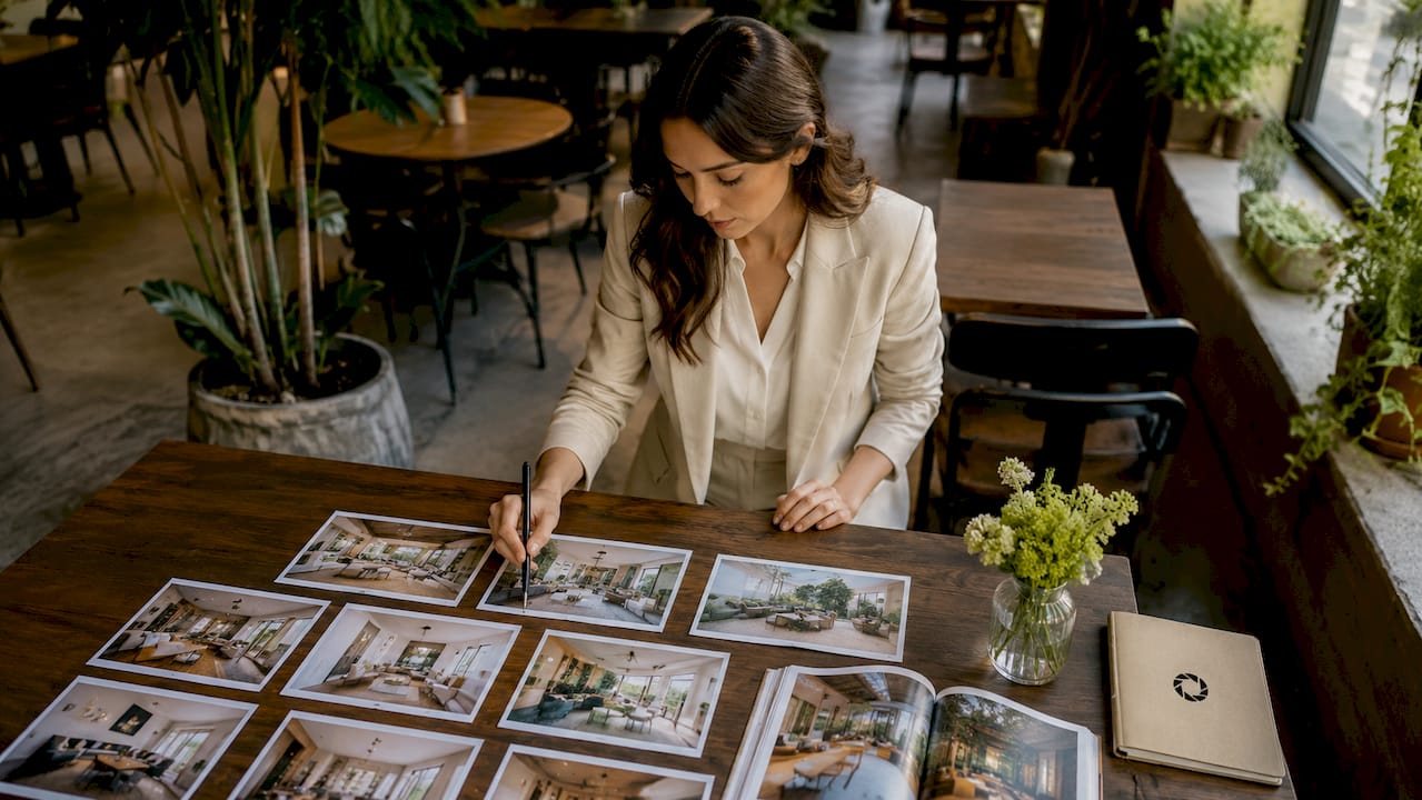 Real estate agent reviewing listing photos at desk