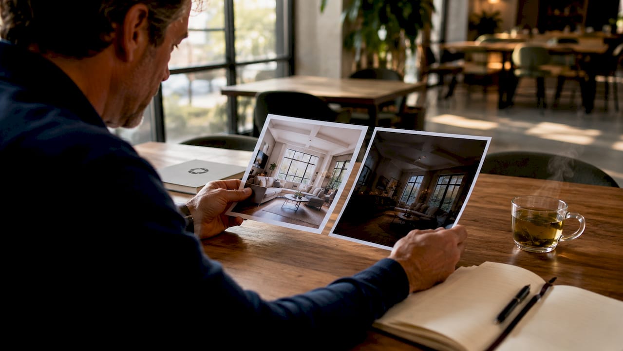 Hands comparing professional and amateur property photos