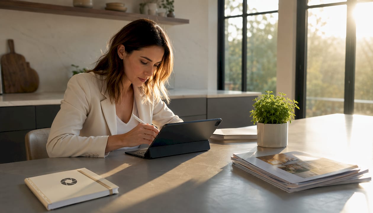 Real estate agent editing photos at desk