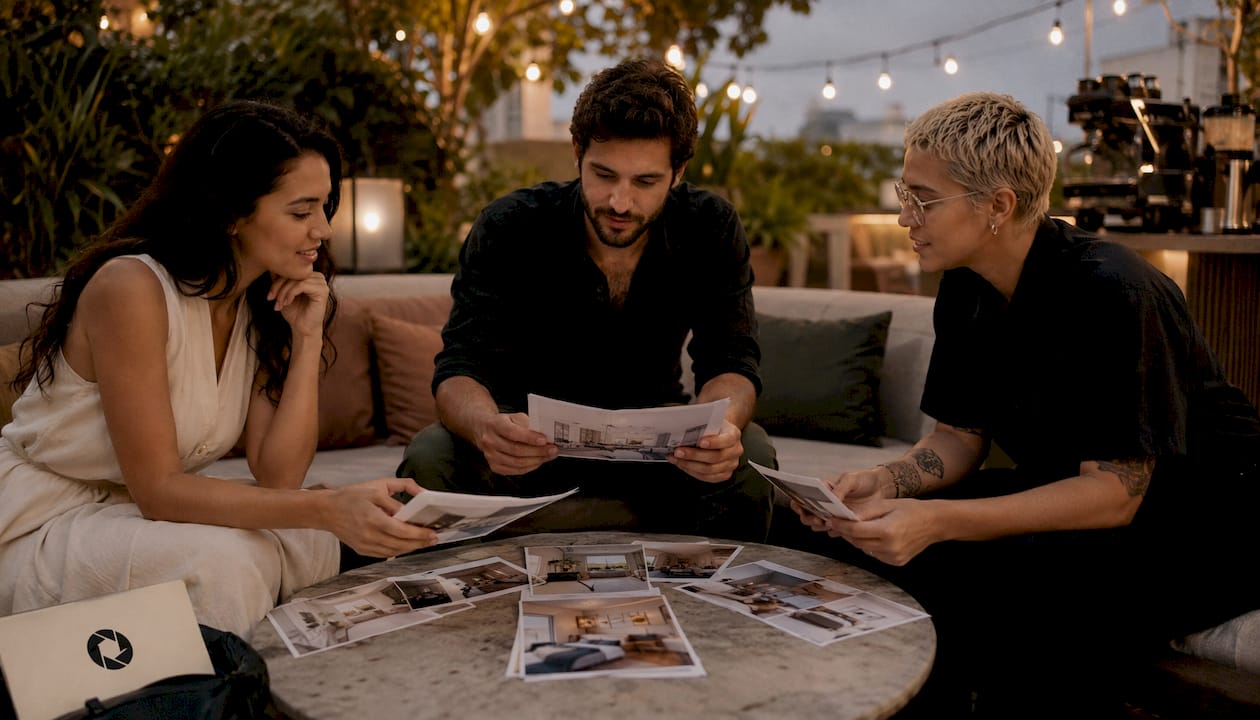 Hospitality team reviewing AI-enhanced hotel photos