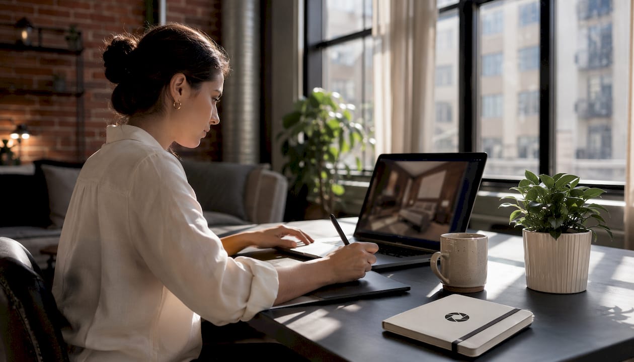 Hotel marketing manager editing AI-enhanced room photos