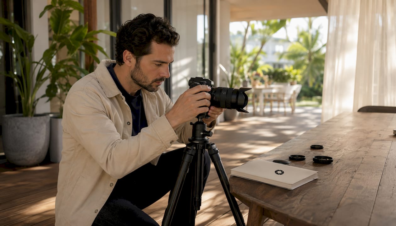 Photographer preparing HDR camera setup in living room