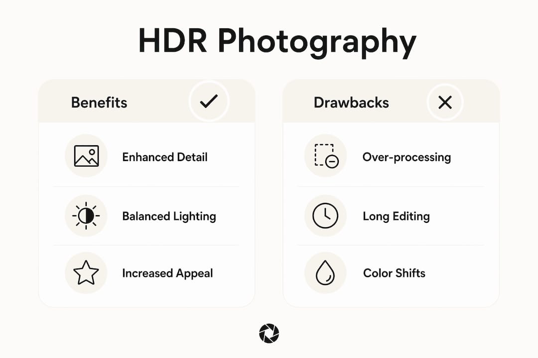 Infographic comparing HDR photography benefits and drawbacks