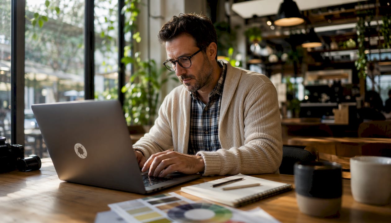 Photo editor preparing RAW files at computer