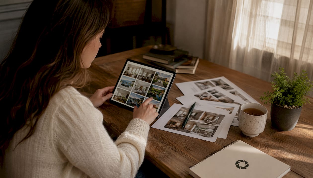 Workspace with Vrbo photo gallery on tablet