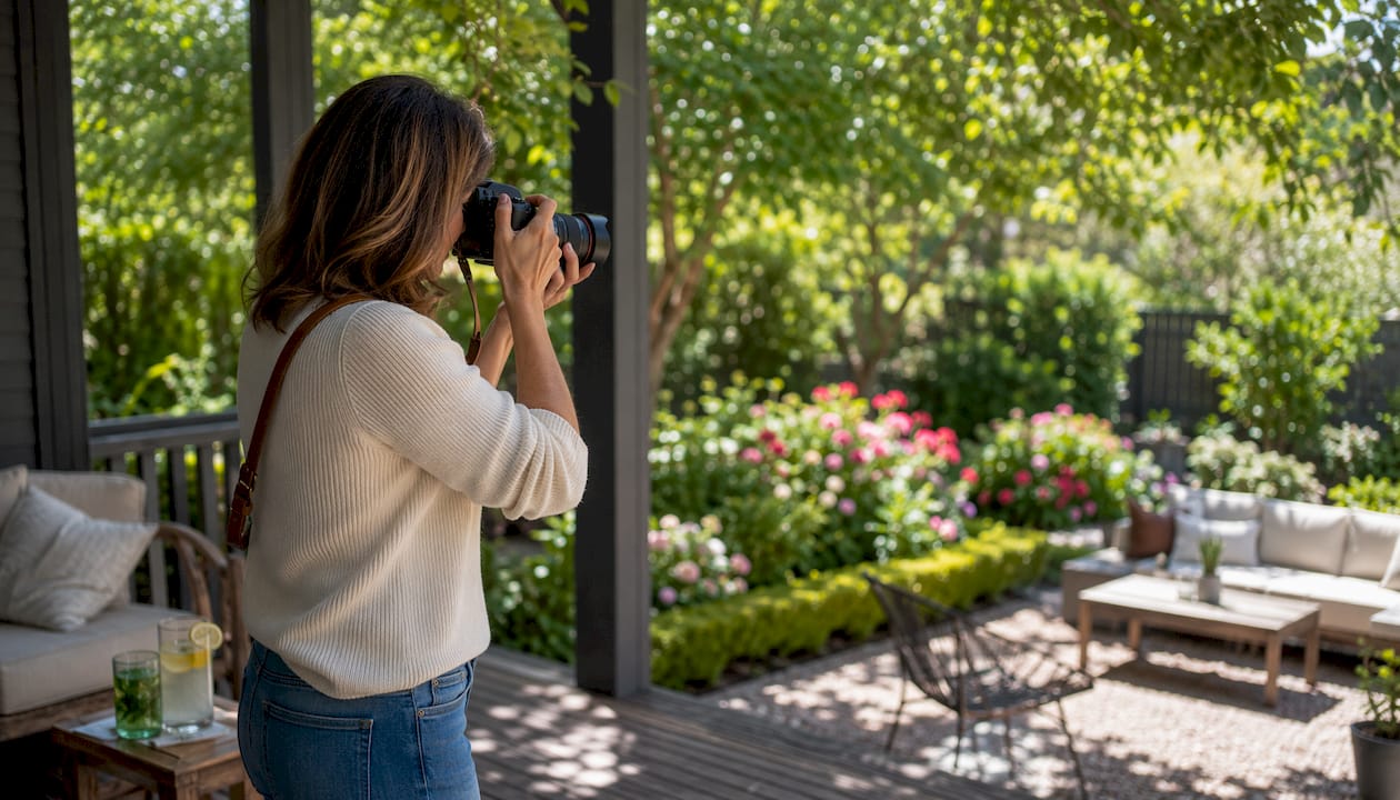 Host photographing exterior pool area