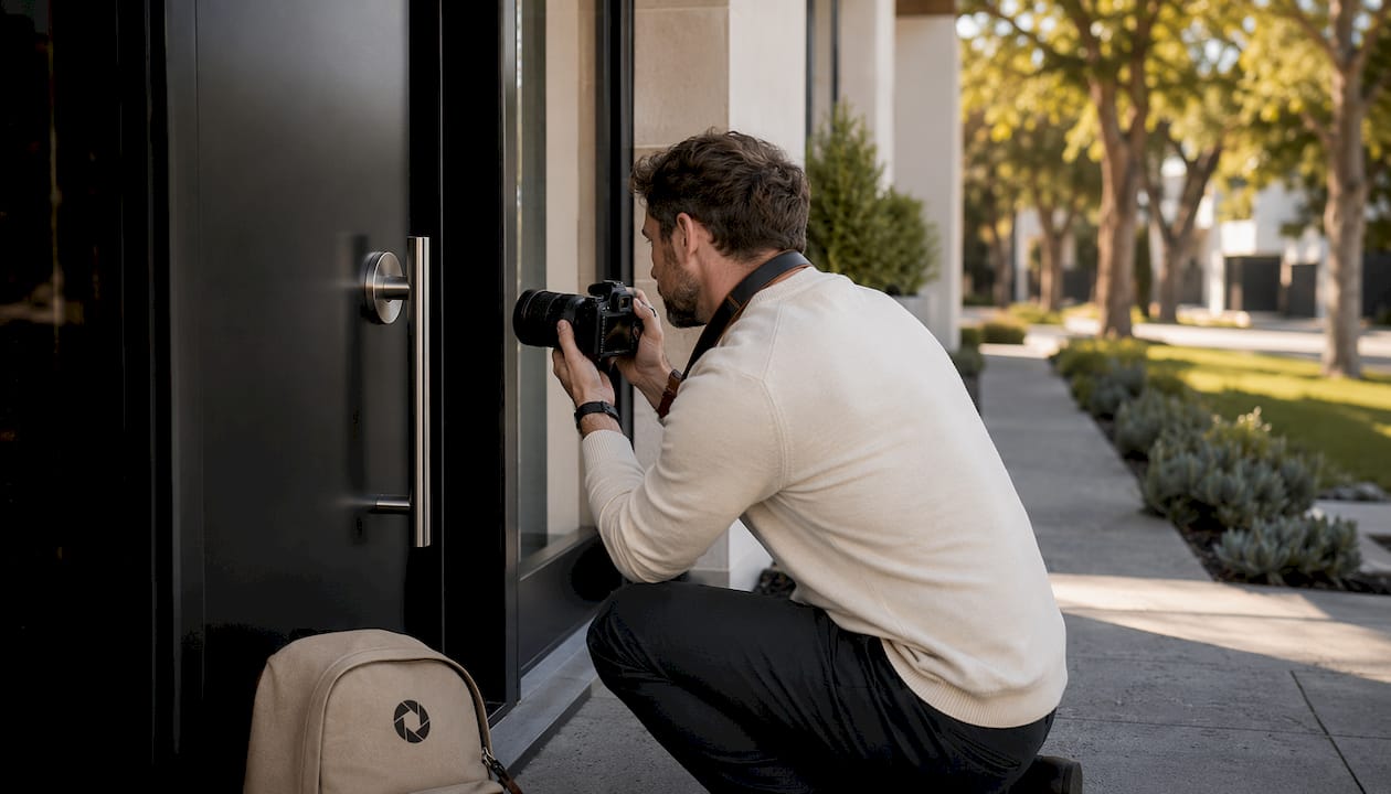 Photographer capturing close-up of rental door handle