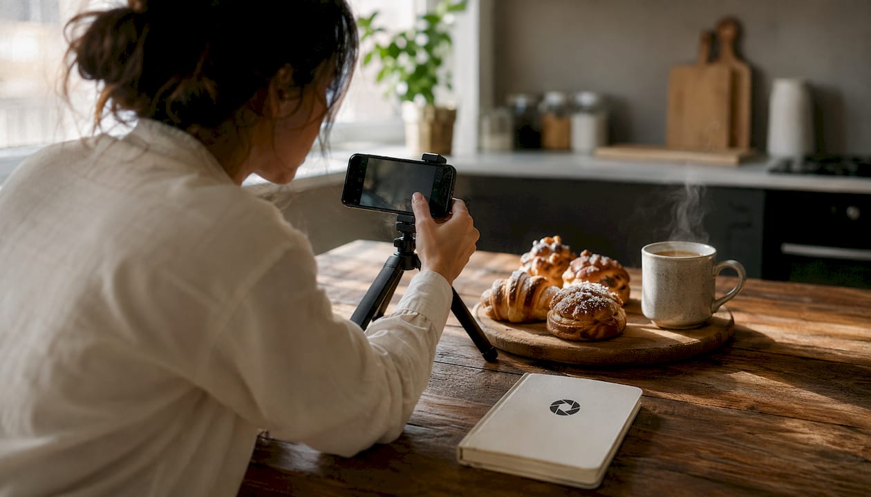 Host photographing coffee setup in premium rental kitchen