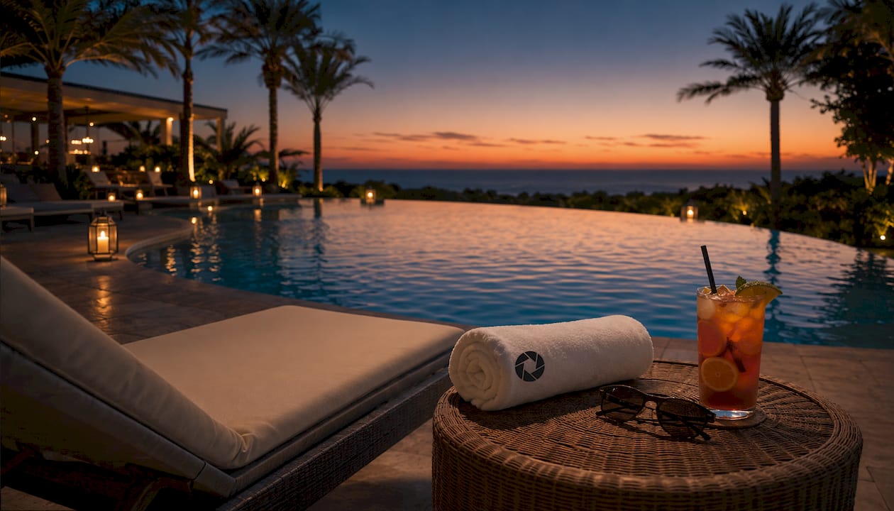 Twilight poolside with towel and drink