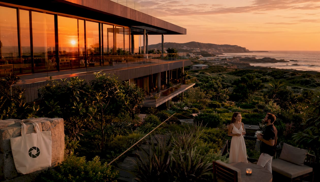 Aerial exterior shot of luxury resort at sunrise
