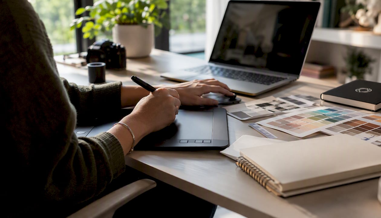 Hands editing photos on professional monitor