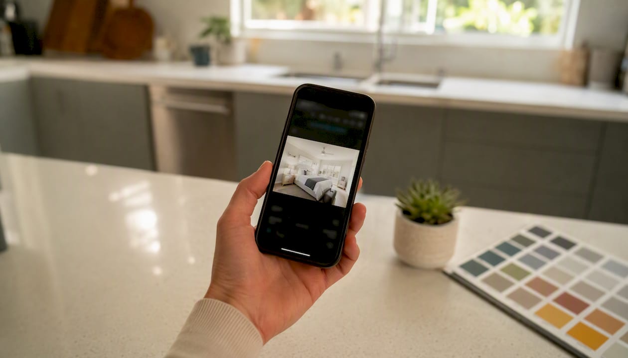 Hand holding phone enhancing property photo
