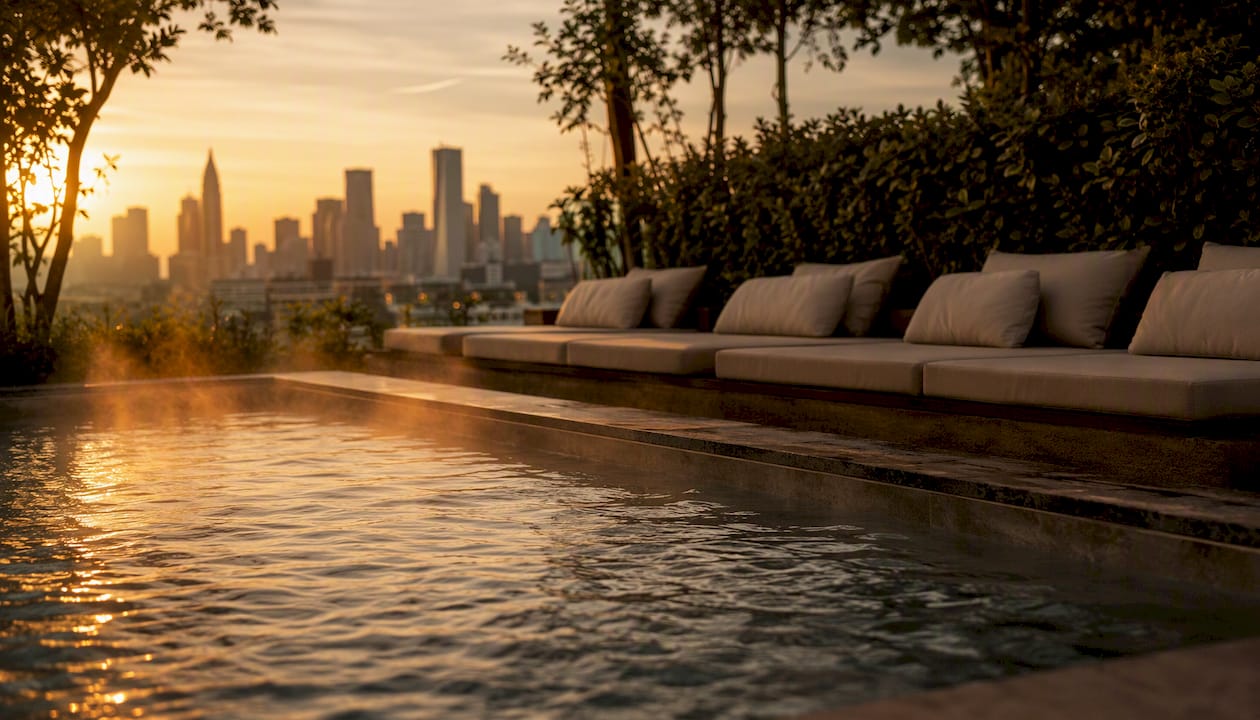 Warm rooftop hot tub with city twilight