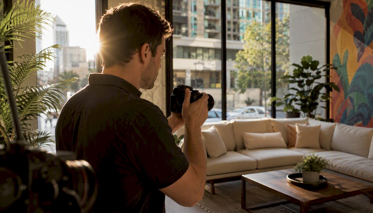 Property manager holding camera near rental exterior
