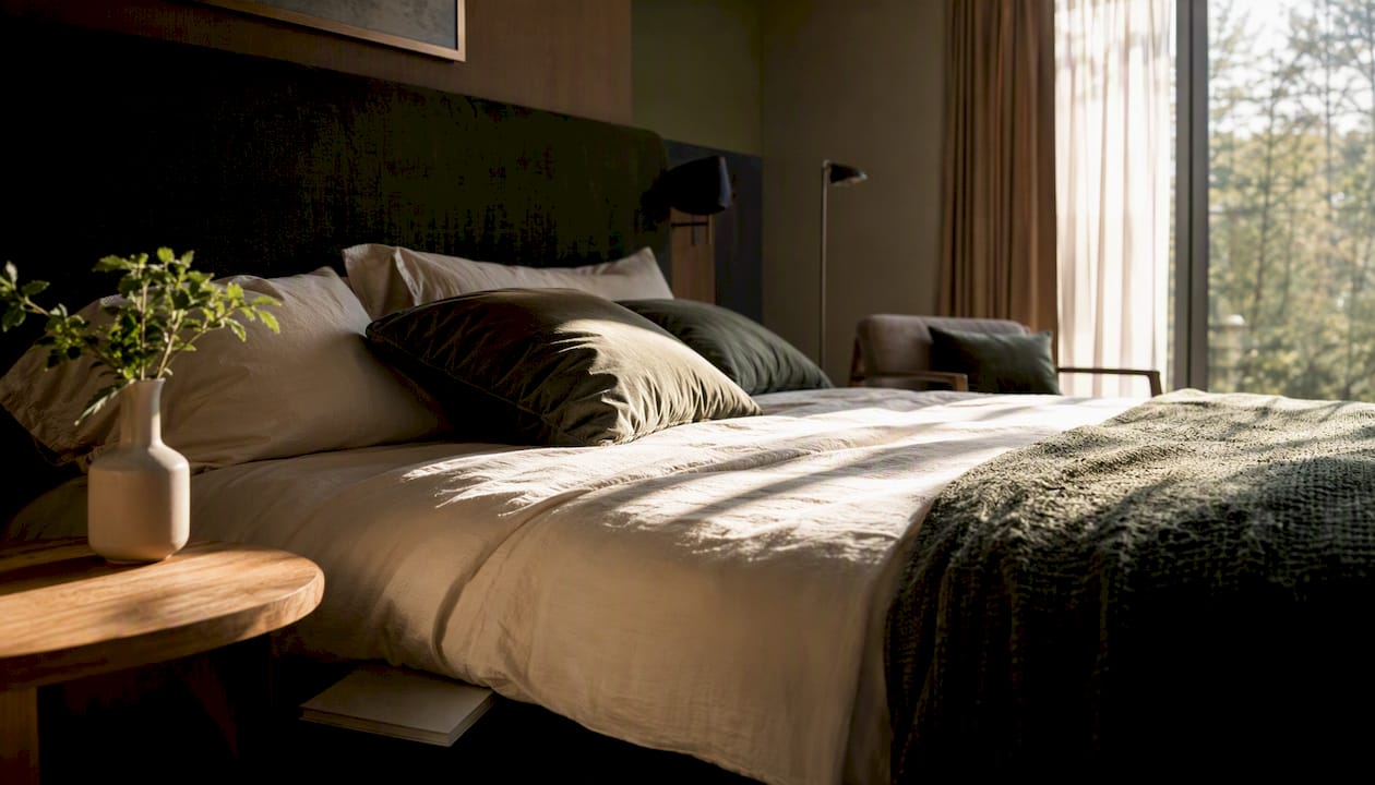 Bright luxury hotel bedroom with natural light
