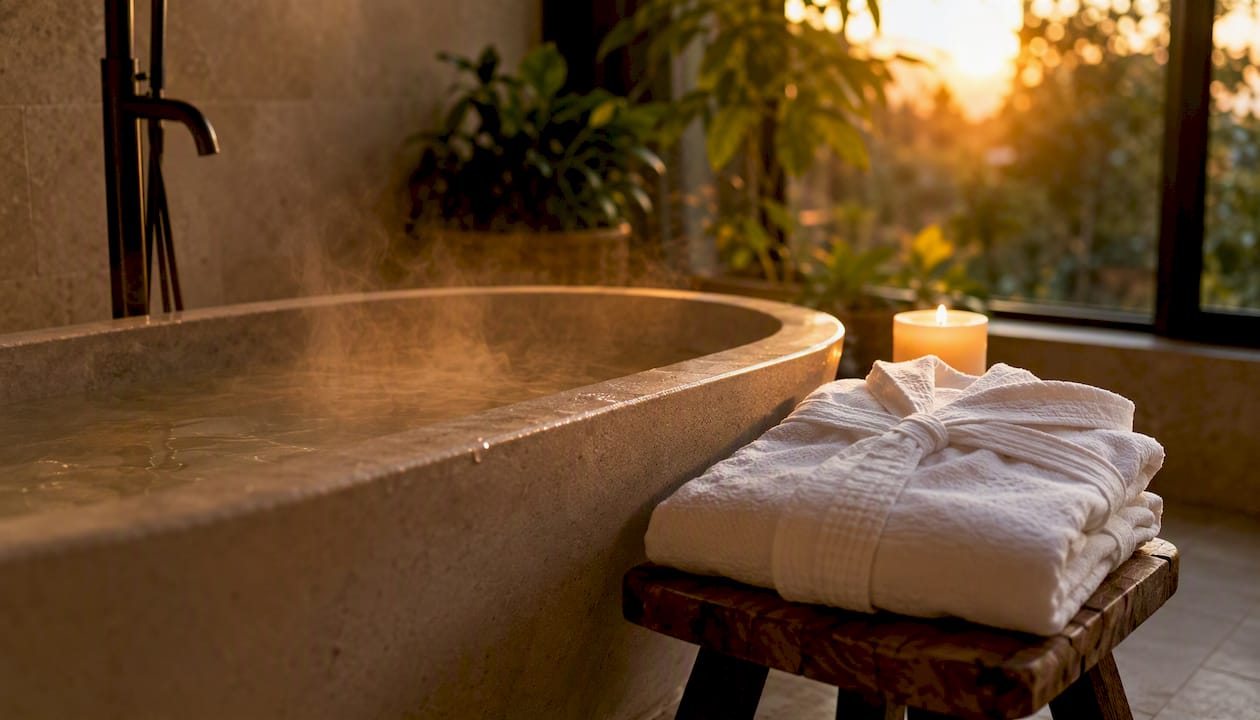 Spa soaking tub with robe and candle