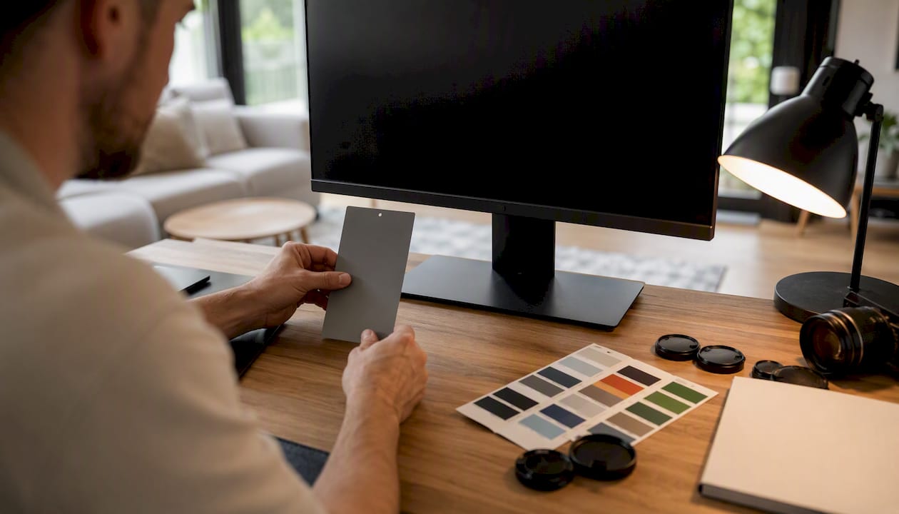 Hands adjusting lighting tools near photo editing setup