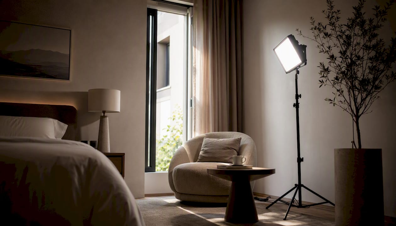 LED panel light positioned to minimize shadows in hotel room