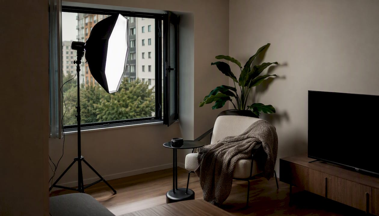 Speedlight inside softbox lighting a living room interior