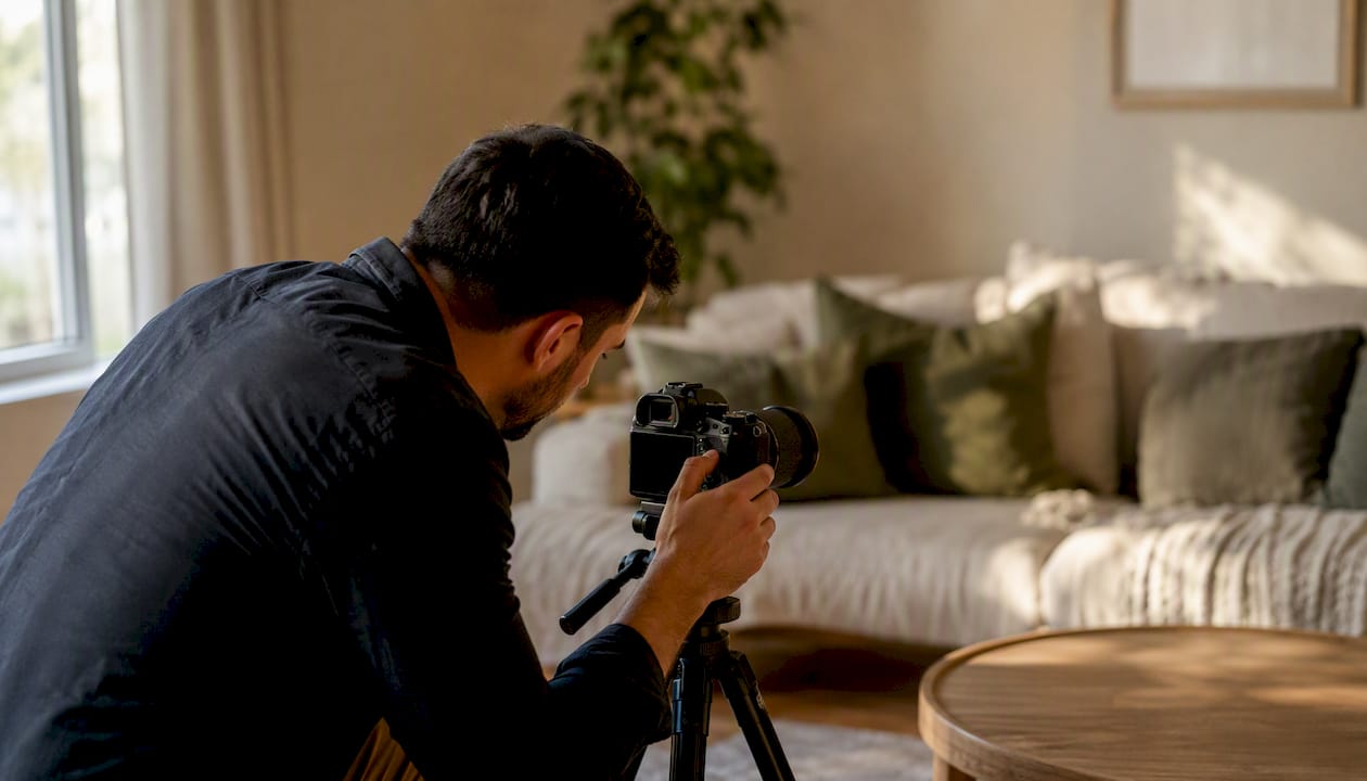 Property manager adjusting camera in living room