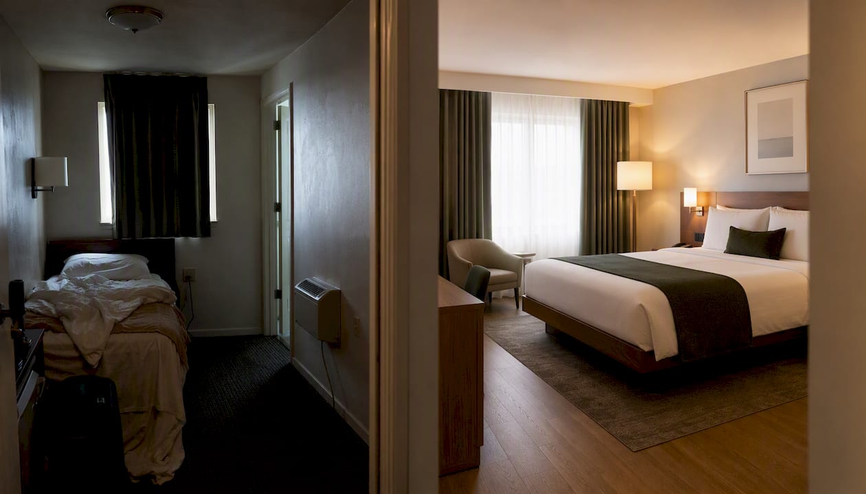 Hotel room before and after photo comparison