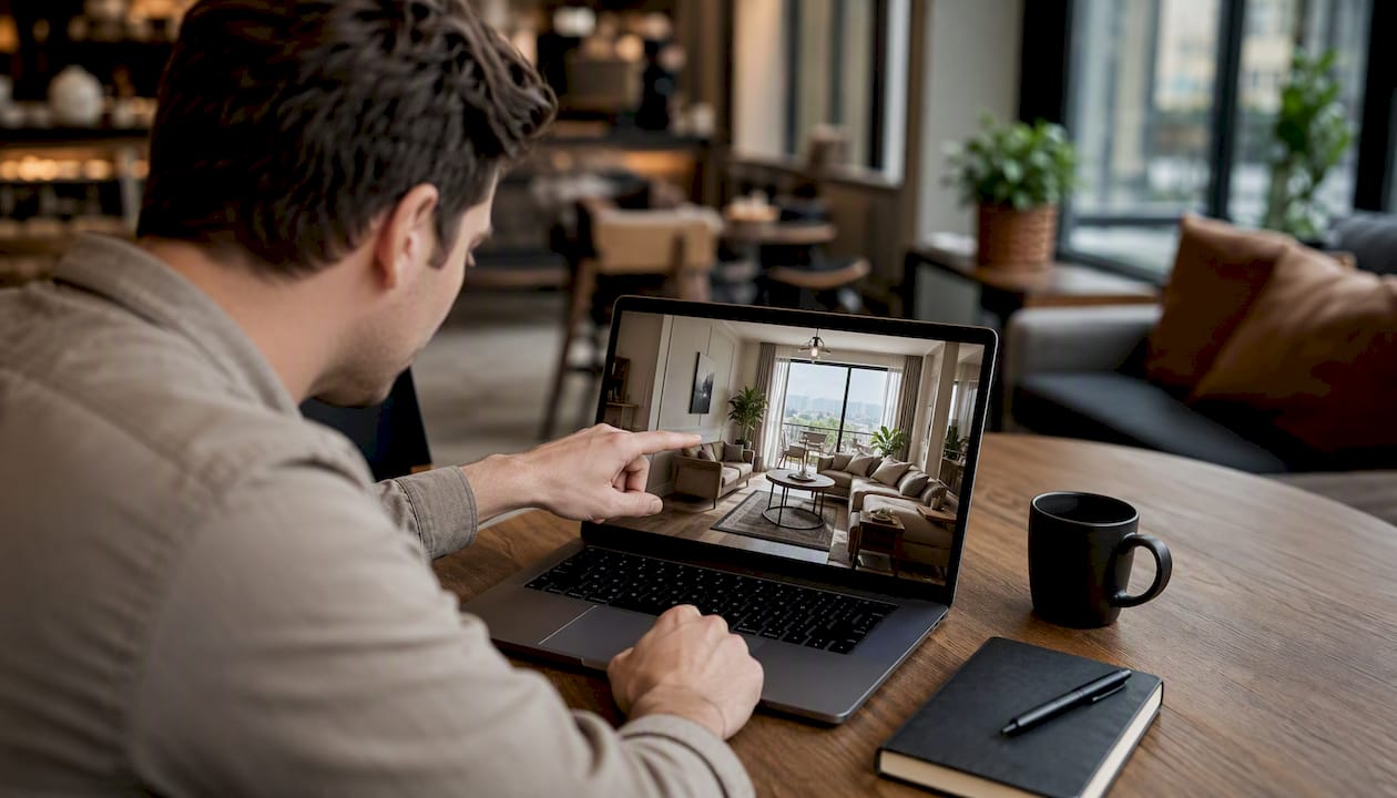 Person using tablet to remove clutter from room photo