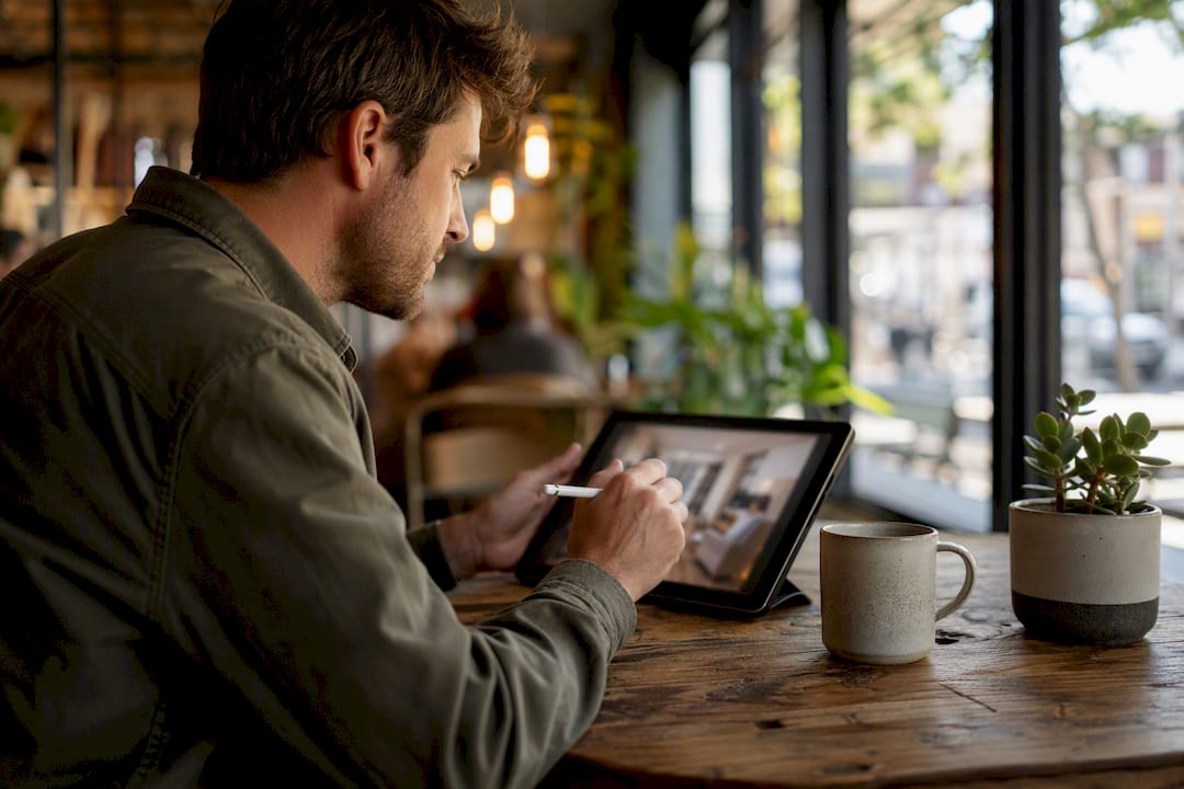 Hands editing rental property photos on tablet