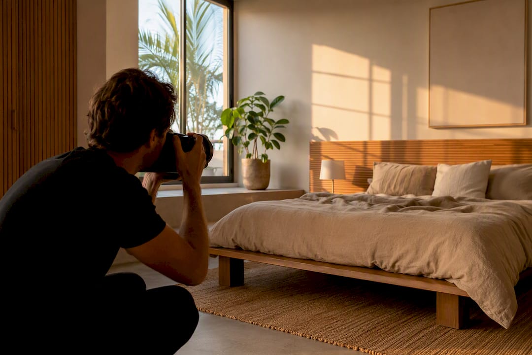 Photographer shooting vacation rental bedroom corner