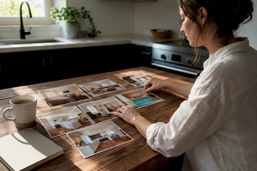 Hands arranging Airbnb listing photos on table
