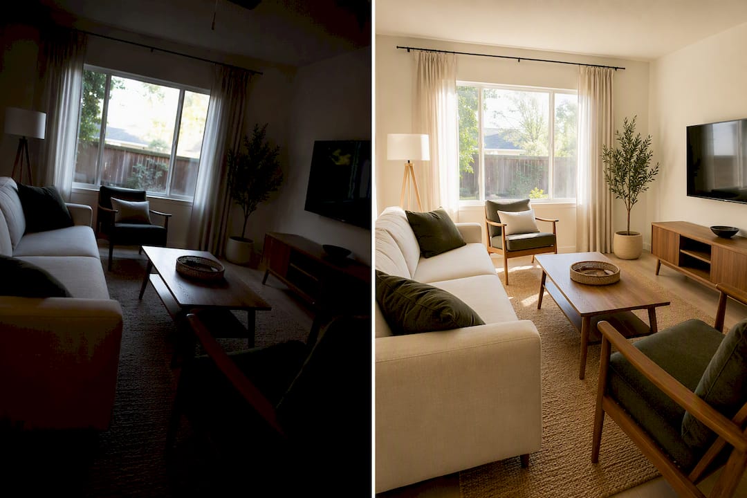 Before and after enhancement of rental living room photo