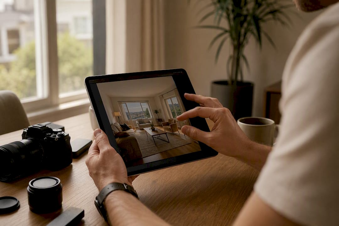 Hands editing short-term rental photo on screen