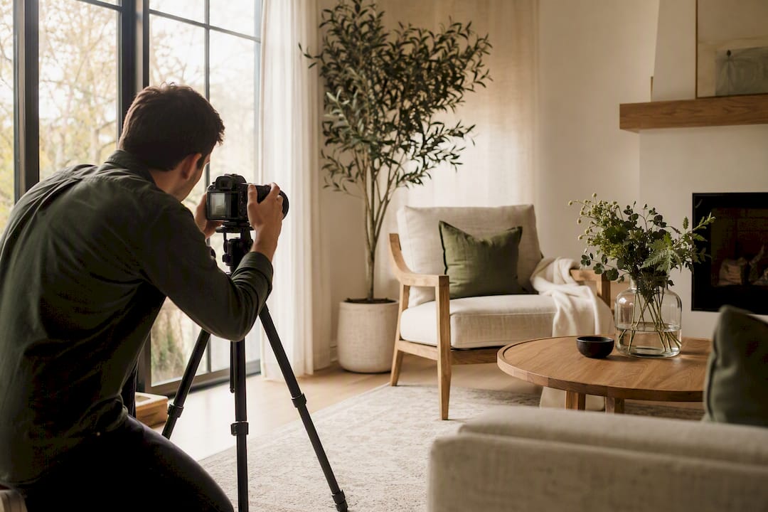 Photographer setting up camera in rental living room