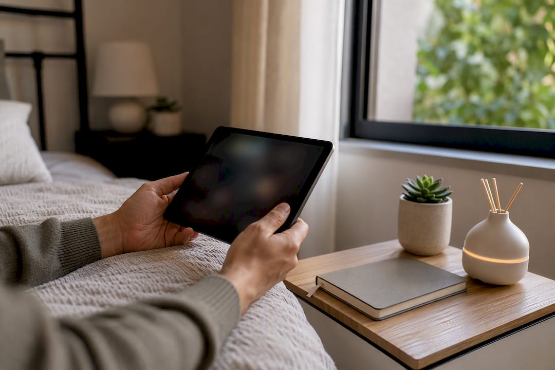 Hands enhancing rental photos on tablet device