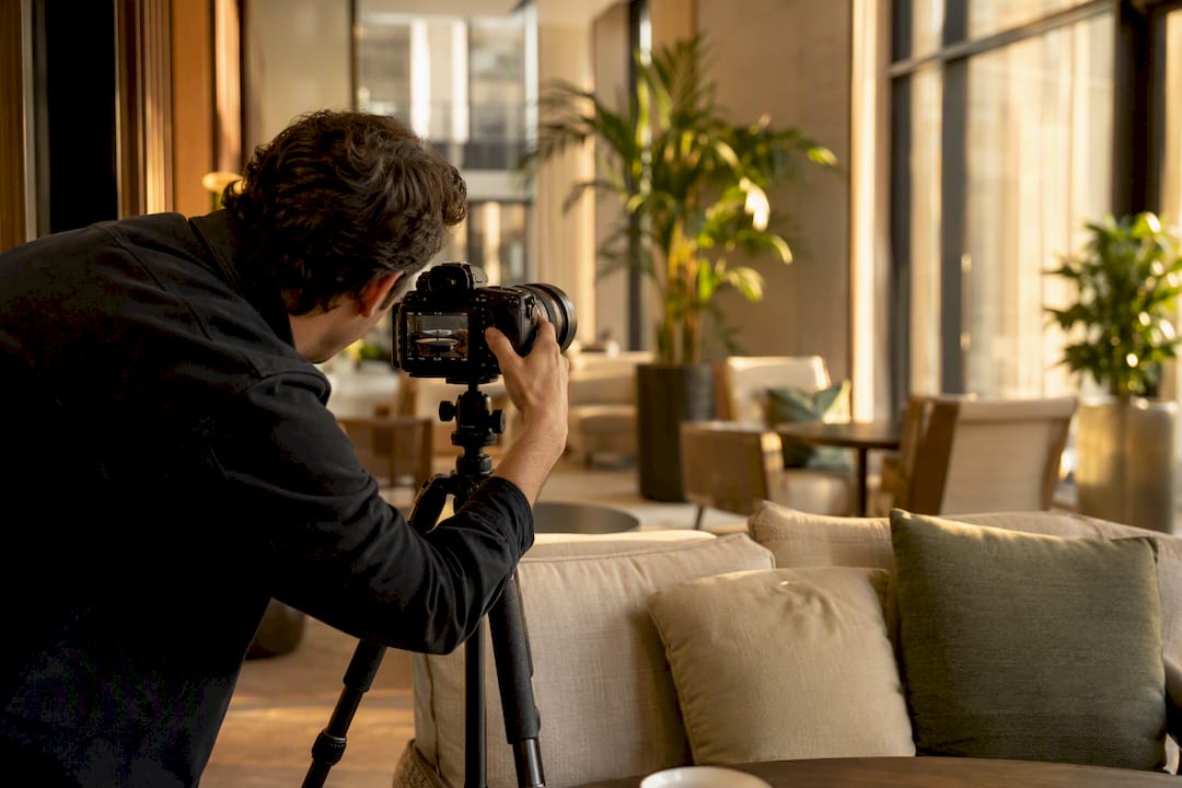 Hotel photographer preparing architectural shot