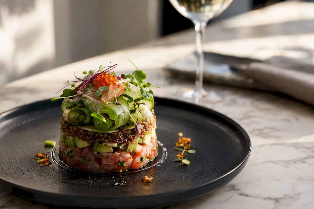 Close-up gourmet hotel dish in natural light