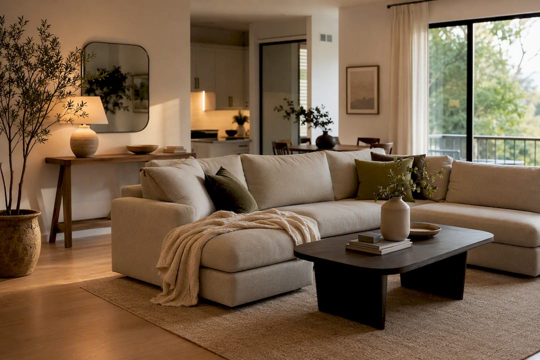 Prepared short-term rental living room for photo shoot
