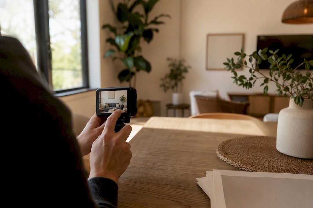 Close-up of hands adjusting photo colors in rental interior
