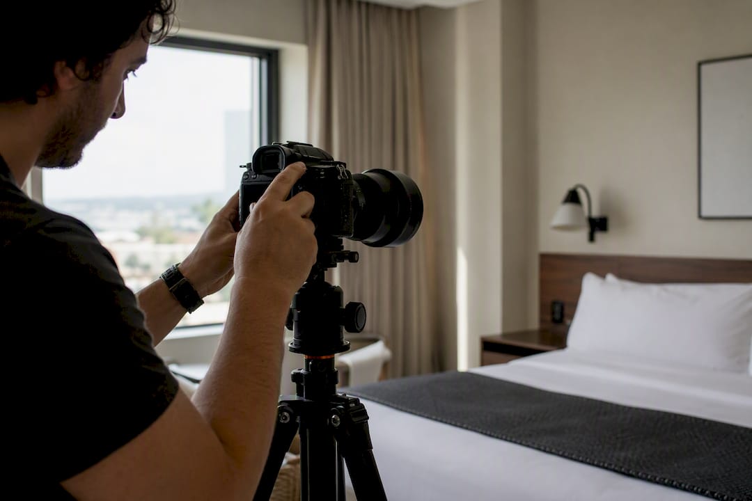 Professional camera set up for hotel room photo shoot