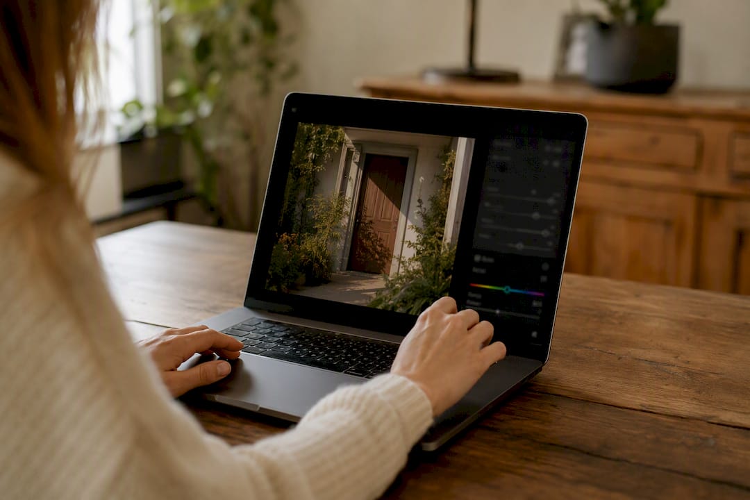 Hands adjusting photo editing sliders on laptop