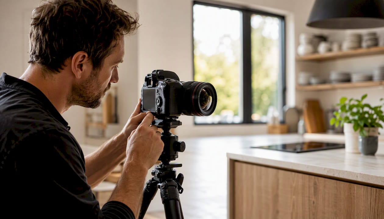 Photographer adjusting camera lens for distortion