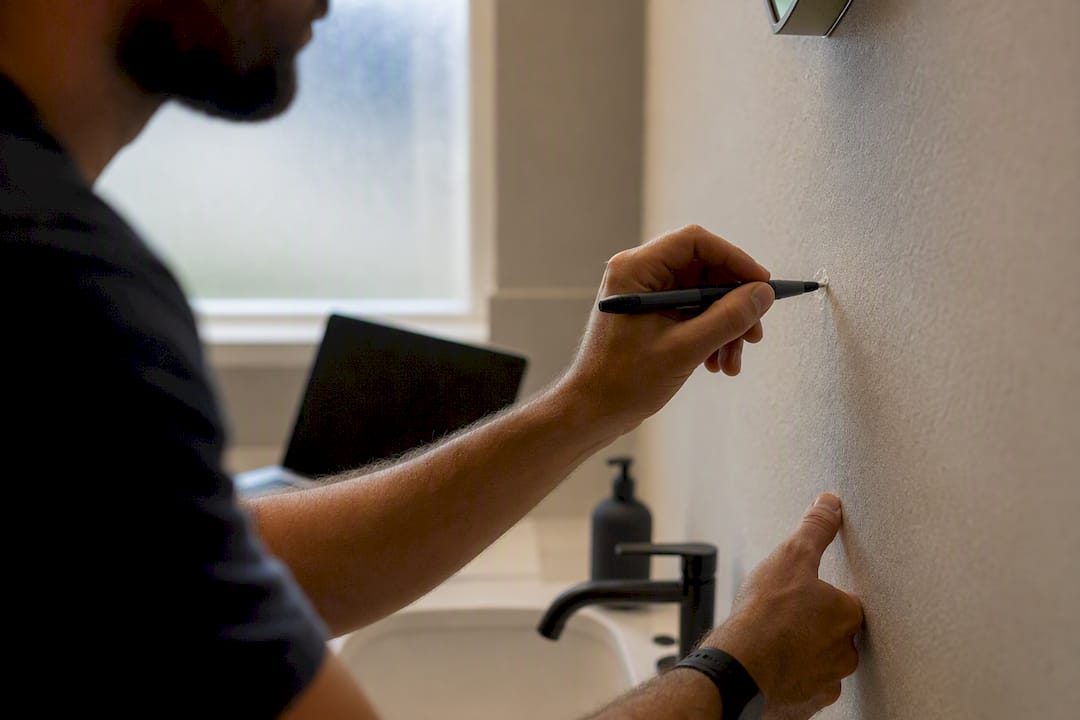 Hands editing textured floor patch in rental photo