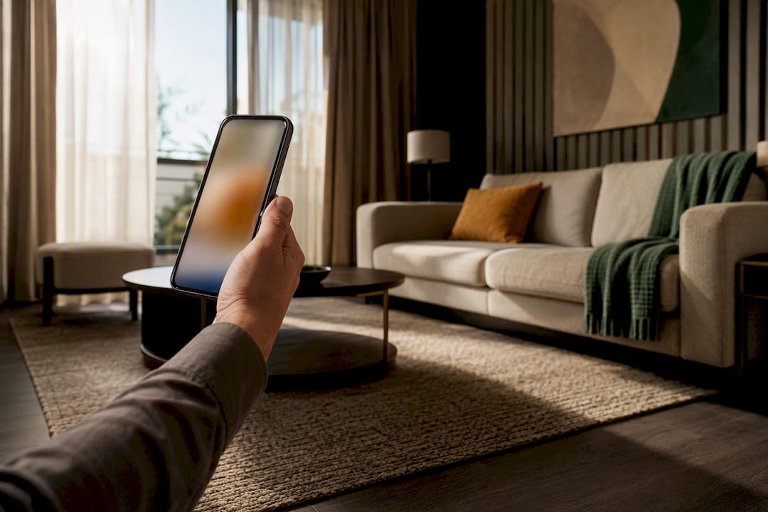 Phone framing a dim rental living room