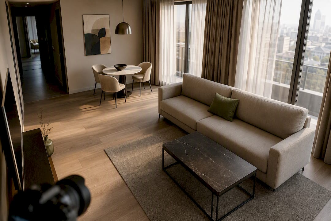 Serviced apartment prepared for listing photography