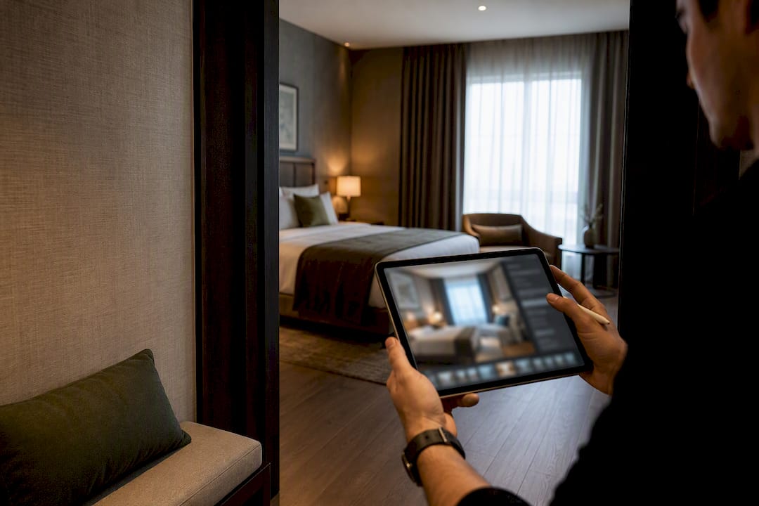 Editor reviewing enhanced hotel room image